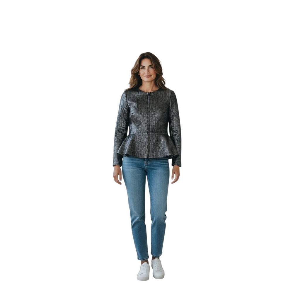 Womens Banana Republic Black Metallic‎ Gunmetal Zip-up Peplum Jacket EUC Size 8